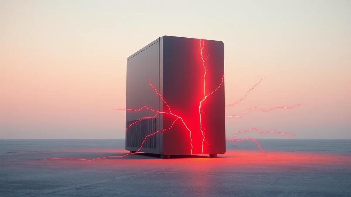 Illustration: A sleek, matte-grey database management server sits isolated on a concrete floor, its single front panel glowing with an intense, warning orange light.