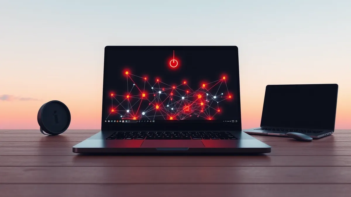 Illustration: A sleek black laptop sits open on a wooden desk, its screen displaying a complex web of glowing orange and blue geometric shapes representing a software vulnerability