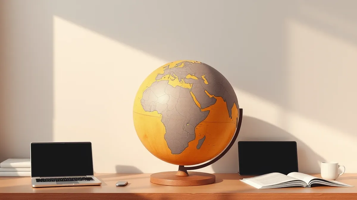 Illustration: A wooden globe sits on a desk, highlighting the continents of Europe, Africa, South America, and Asia in warm amber tones while North America and East Asia remain in