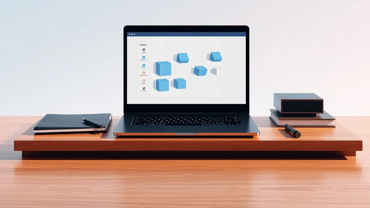 Illustration: A sleek black laptop sits on a polished wooden desk, displaying a clean, minimalist interface with abstract geometric blocks arranged in a grid pattern.