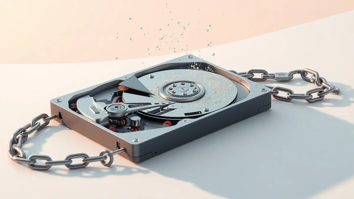 Illustration: A large silver hard drive sits on a clean white desk next to a broken chain.