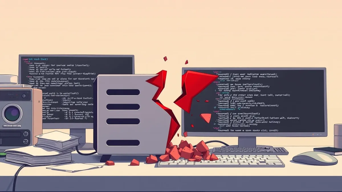 Illustration: A small, open-source web server application sits on a cluttered desk next to a generic terminal window displaying abstract code.