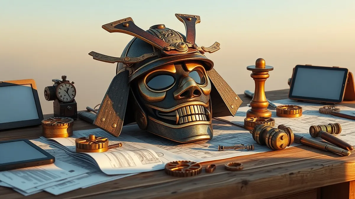 Illustration: A weathered steampunk samurai mask rests on a wooden workbench alongside polished brass mechanical parts and scattered blueprints.