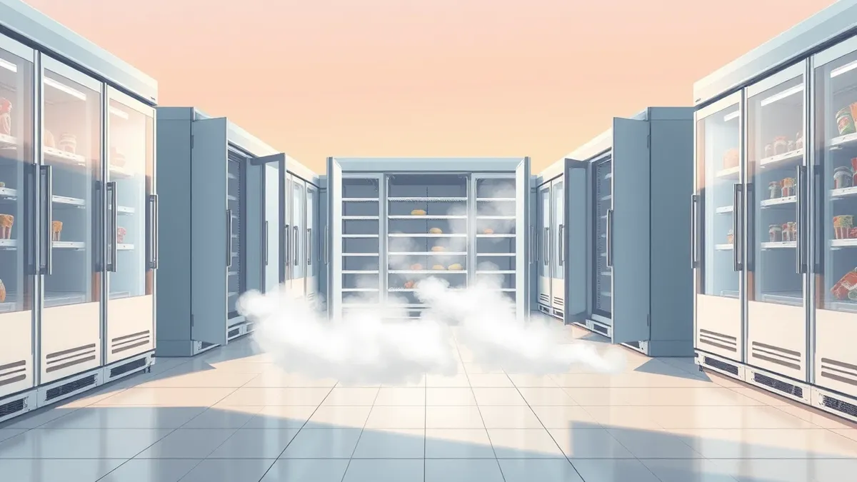 Illustration: A row of commercial refrigeration units stands open in a supermarket aisle.