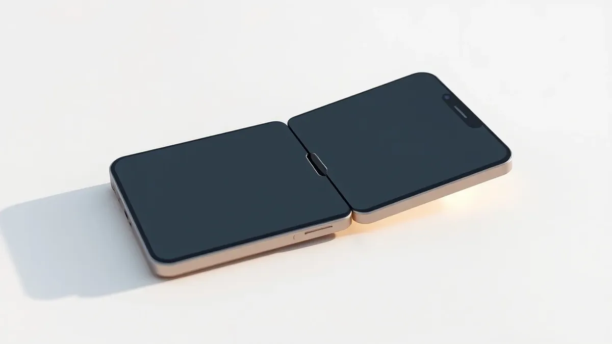 Illustration: A folded smartphone lies open on a clean white surface, its creased display clearly visible.