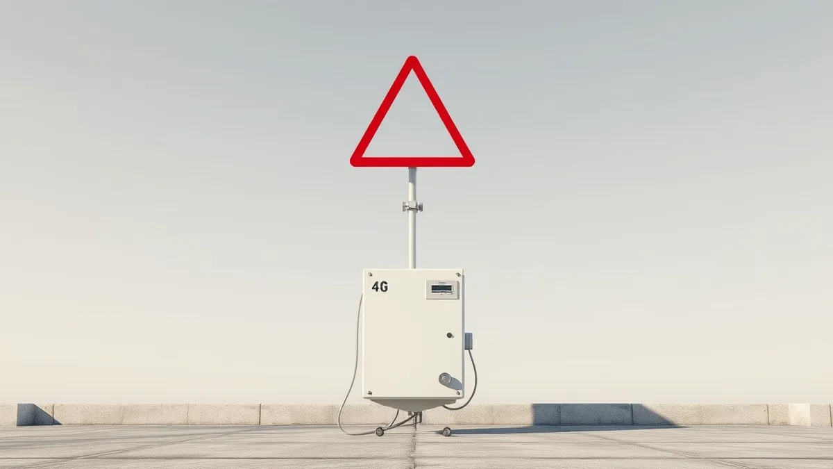 Illustration: A white 4G cellular base station unit stands alone on a concrete rooftop.