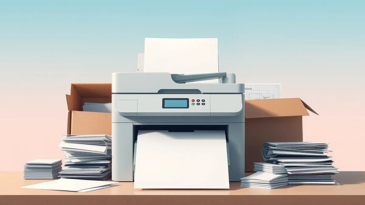 Illustration: A generic office printer sits on a cluttered desk, its output tray overflowing with blank sheets of paper.