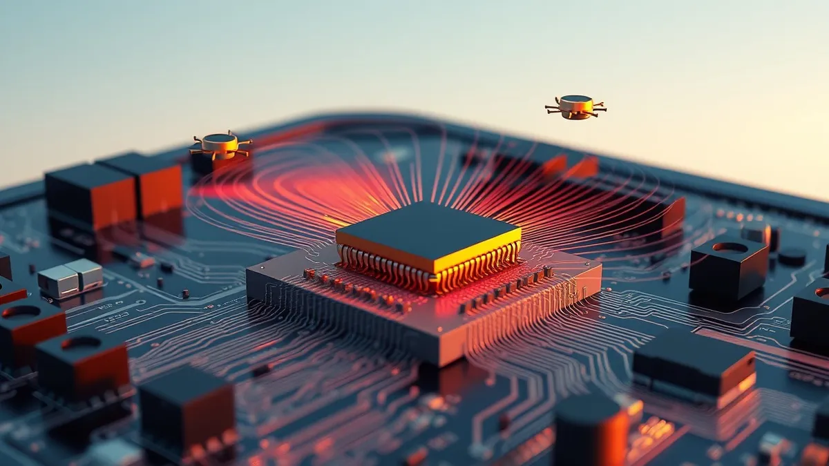 Illustration: A silicon microchip sits on a circuit board while invisible waves of electromagnetic energy ripple outward from its surface.