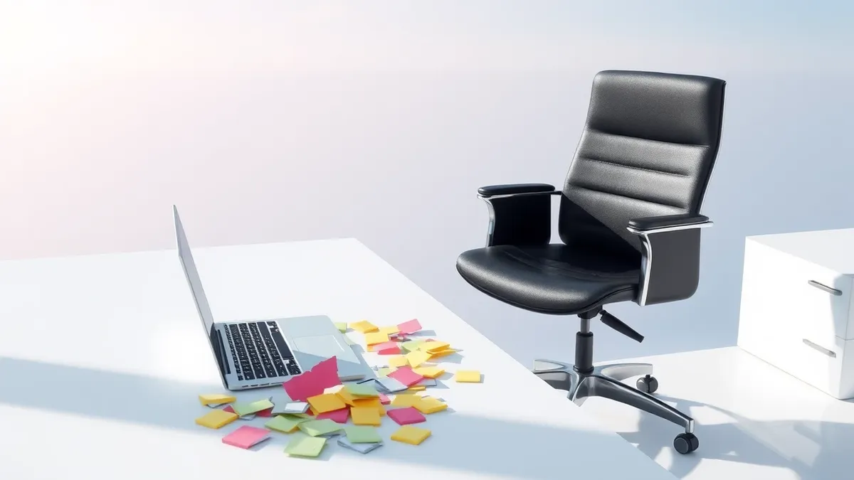 Illustration: A sleek black office chair sits empty beside a modern white desk.