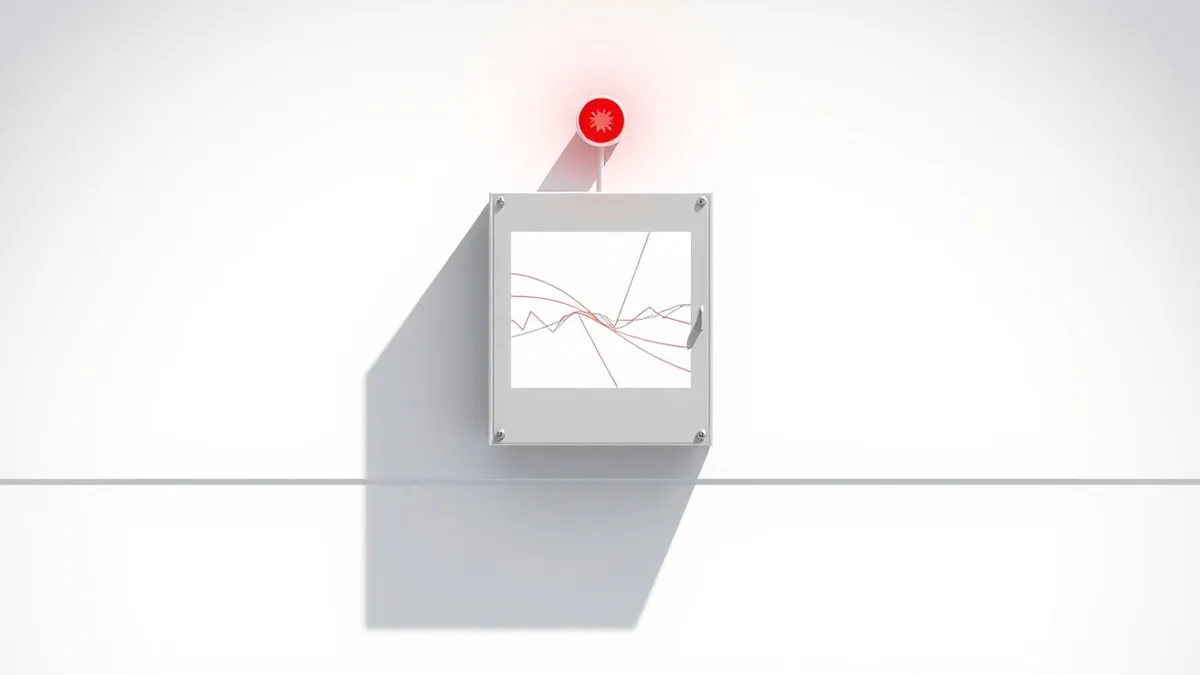 Illustration: A red warning siren blinks on a plain metal security panel mounted on a sterile white wall.