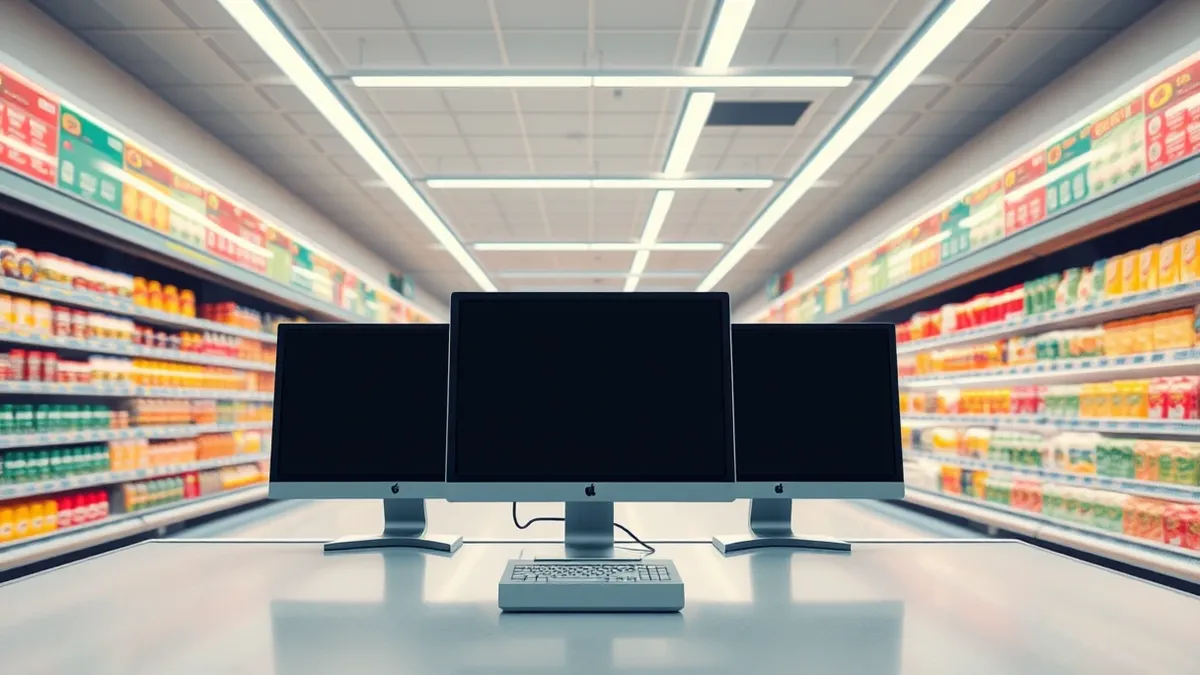 Illustration: A row of blank computer monitors sits on a retail checkout counter, their screens reflecting the bright fluorescent lights of an empty supermarket aisle.