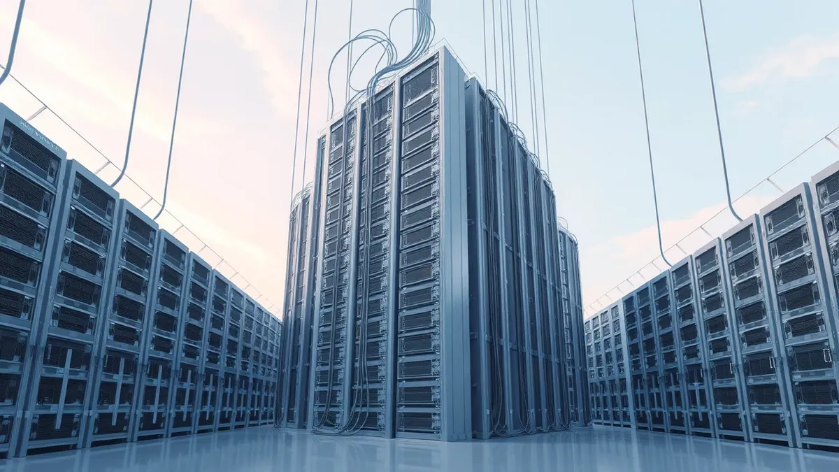 Illustration: A towering stack of grey server racks fills a sterile room, with heavy physical barriers rising around them like fortress walls.