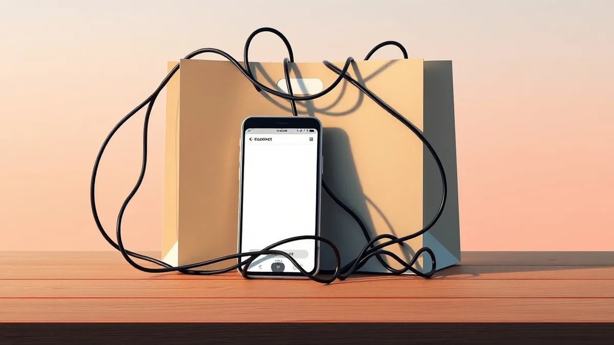 Illustration: A smartphone rests on a wooden table beside an empty shopping bag.