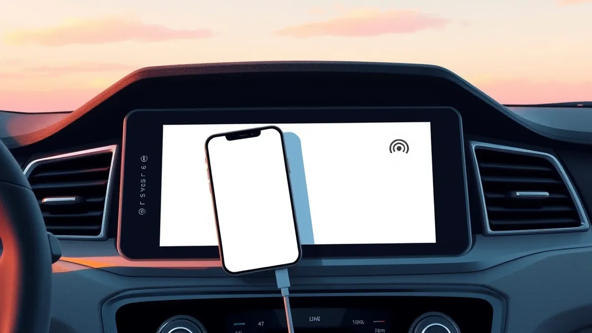 Illustration: A sleek smartphone rests inside a vehicle's charging port, tethered to a dashboard infotainment screen.