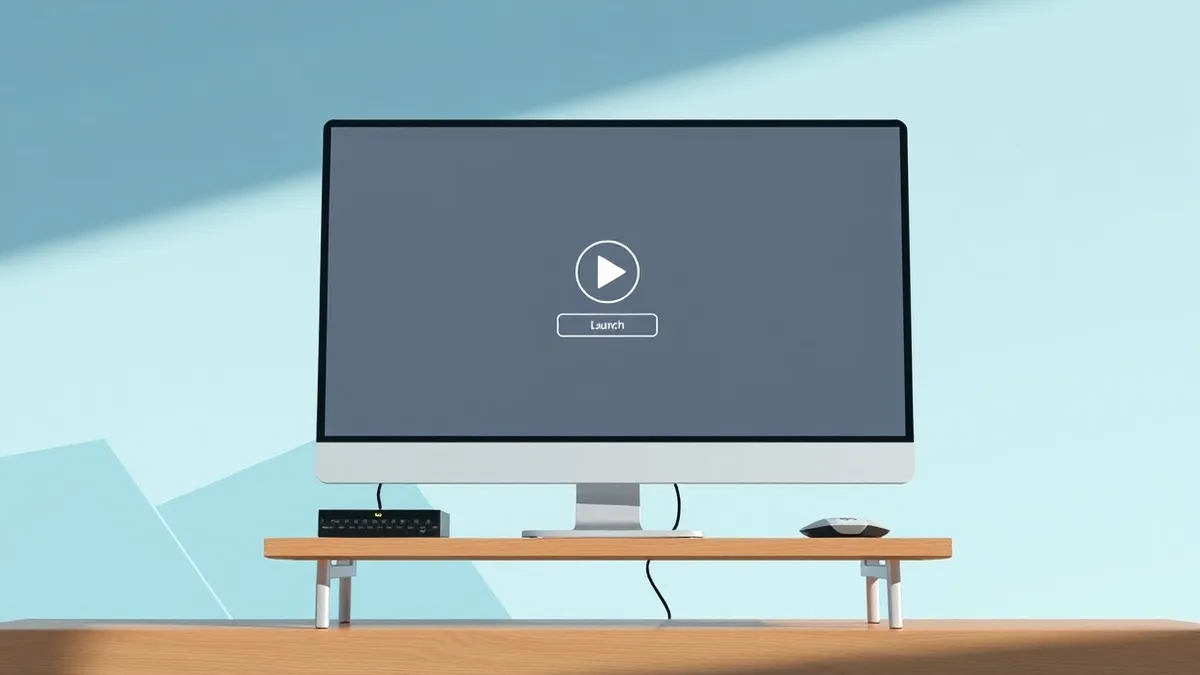 Illustration: A generic desktop computer monitor sits on a wooden desk, displaying a simplified game launch interface with a prominent play button.