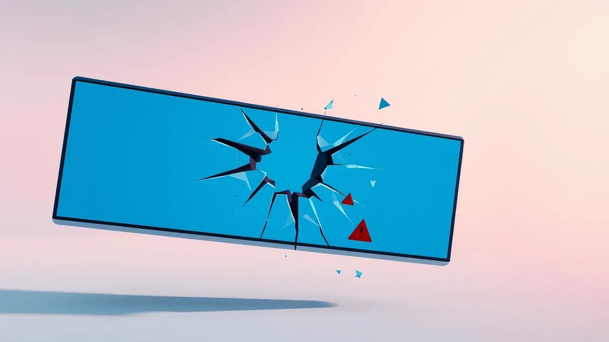 Illustration: A cracked blue terminal window floats in the void, its glass surface shattered by a jagged black fissure.