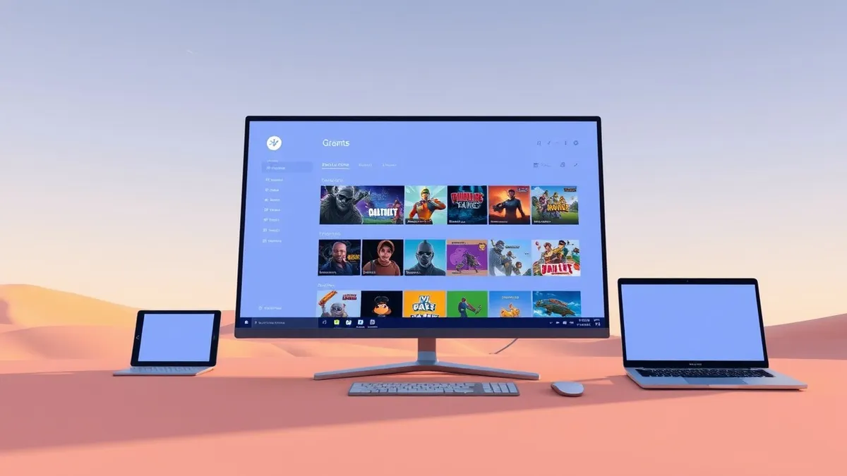 Illustration: A sleek Windows desktop displays a streamlined gaming hub with vibrant game tiles arranged in a clean grid.