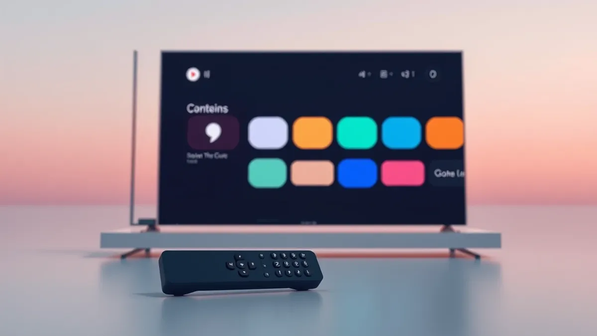 Illustration: A sleek remote control rests beside a modern television set displaying a clean, minimalist interface with colorful abstract icons.