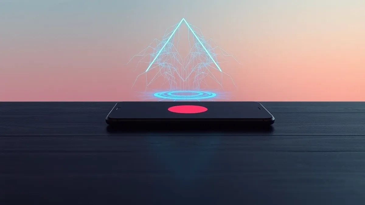 Illustration: A sleek black smartphone rests on a dark wooden table, its screen displaying a single, pulsing red circle that expands outward like a ripple.