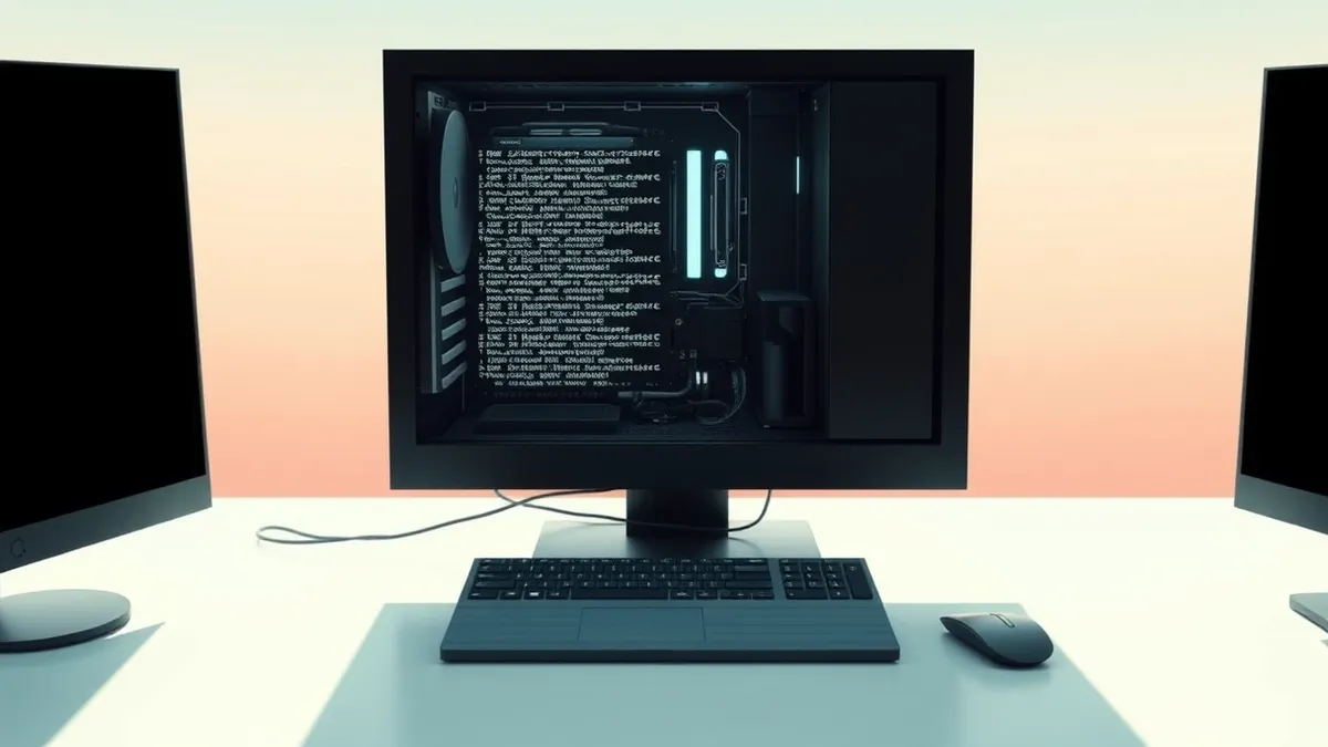 Illustration: A sleek black computer sits on a clean white desk.