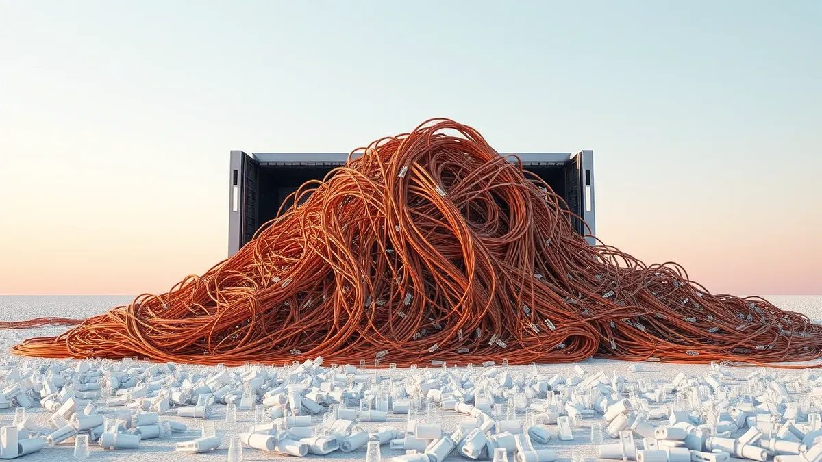 Illustration: A massive pile of tangled copper wires spills out of an open metal server chassis.