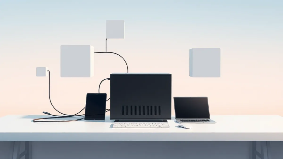 Illustration: A sleek server unit rests on a clean white desk, connected to thin black cables that flow into abstract geometric shapes.