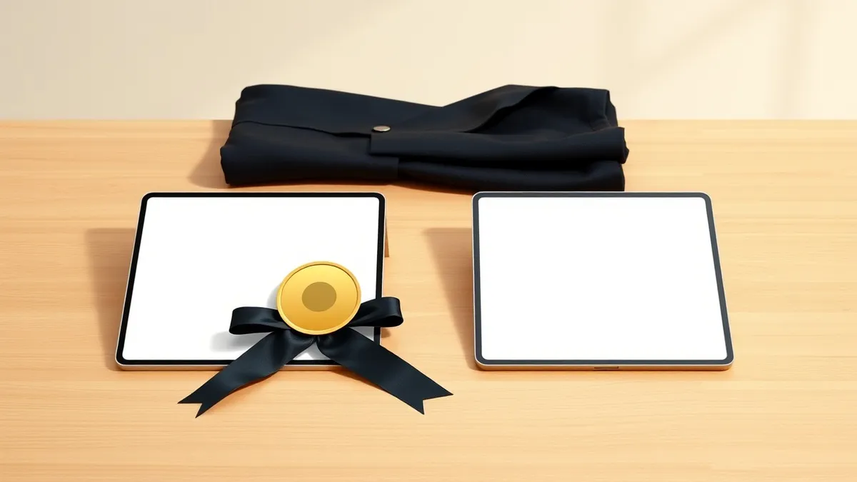 Illustration: A golden circular medal rests on a polished wooden surface beside a folded dark suit jacket.