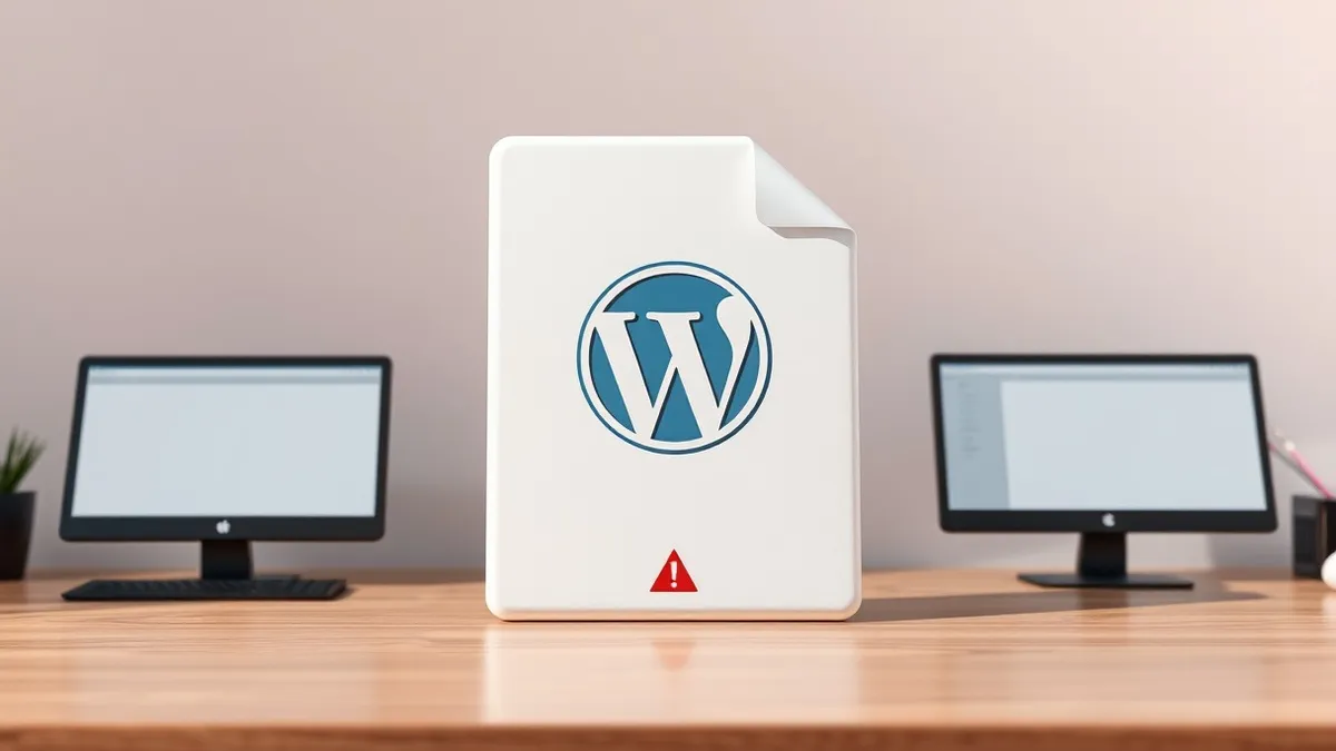 Illustration: A white WordPress plugin file icon sits centered on a clean wooden desk.