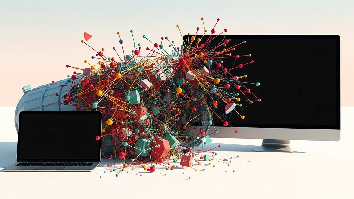 Illustration: A tangled mess of colorful graph nodes and connecting lines spills out of a cracked digital container.