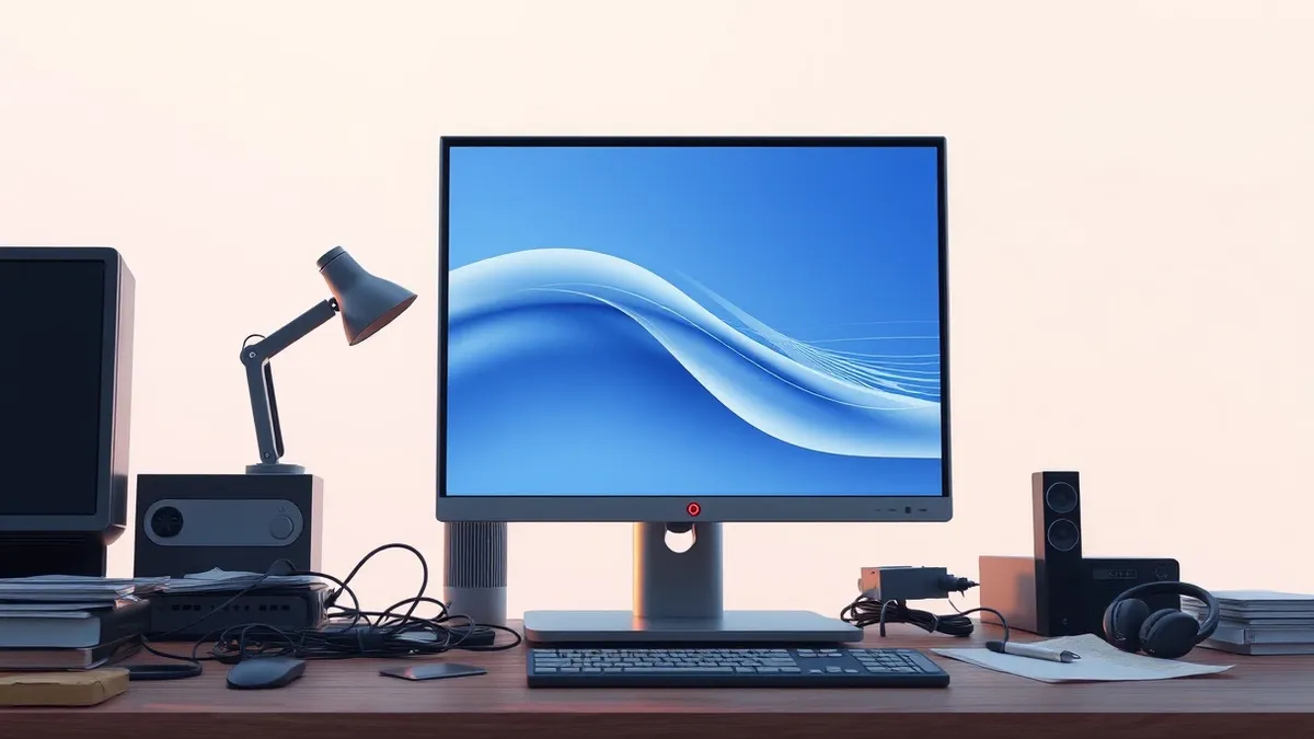 Illustration: A sleek silver desktop tower sits on a cluttered wooden desk, its monitor displaying a blank browser window with soft blue abstract waves.