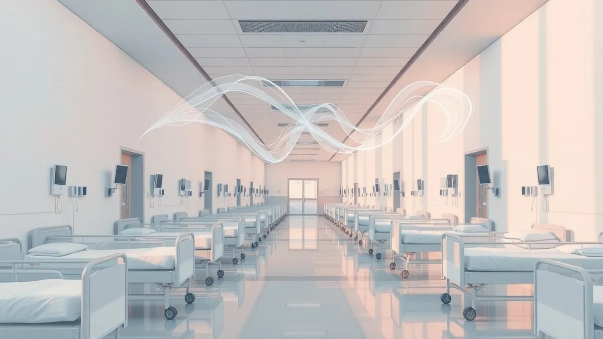 Illustration: A modern hospital corridor with empty beds and sterile white walls.