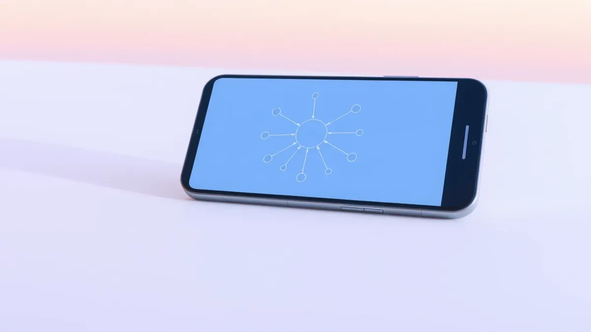 Illustration: A sleek, isolated mobile device rests on a clean white surface, its screen displaying a blank chat interface with abstract geometric nodes connecting to a central pro
