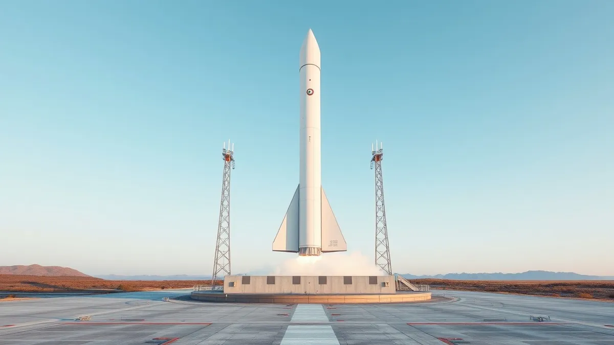 Illustration: A sleek white cylindrical rocket stands vertically on a concrete launchpad, its engines glowing with bright orange flames as thick white smoke billows from the base.