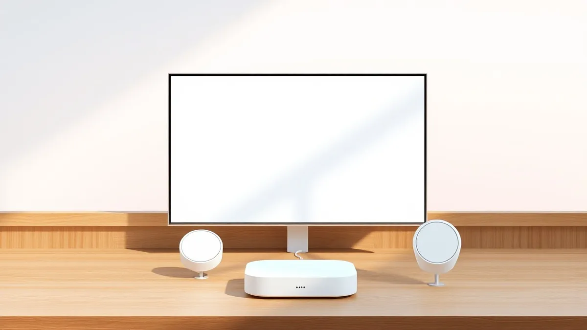 Illustration: A sleek rectangular smart display with a blank screen sits on a wooden kitchen counter.