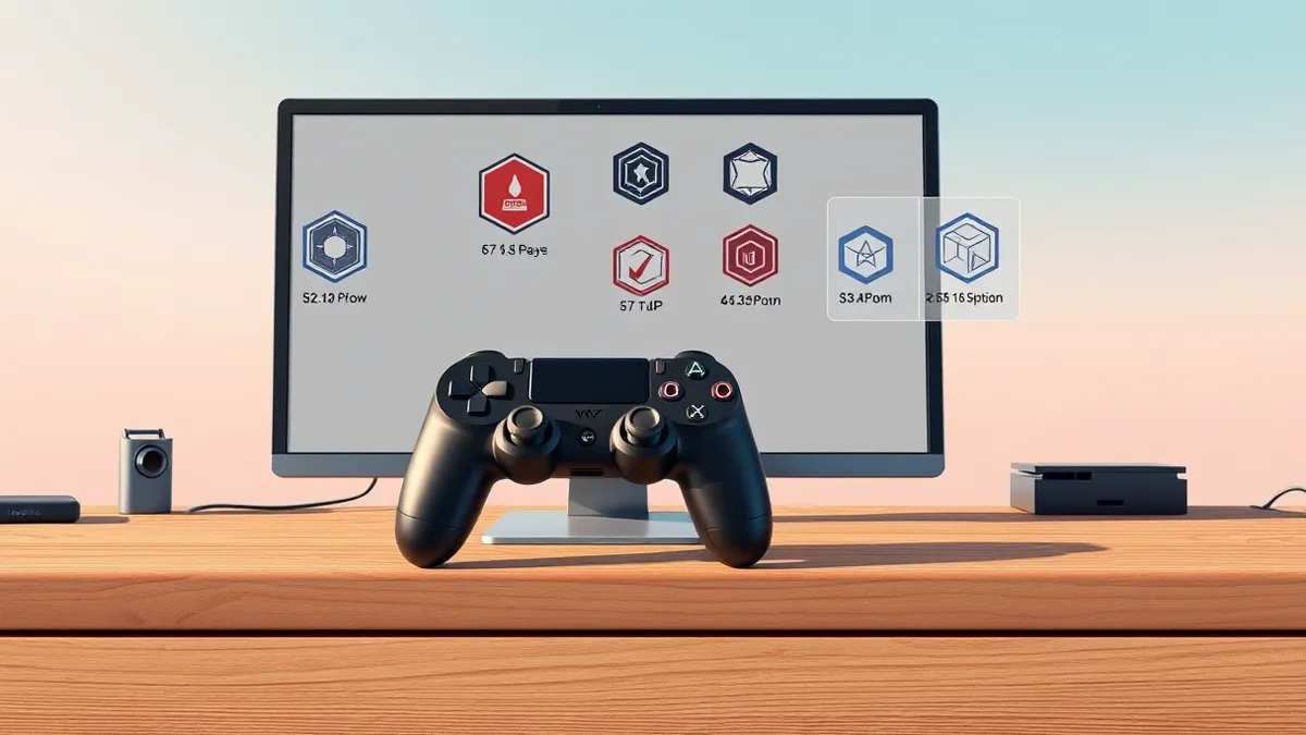Illustration: A sleek black gaming controller rests on a wooden desk beside a blank computer monitor.