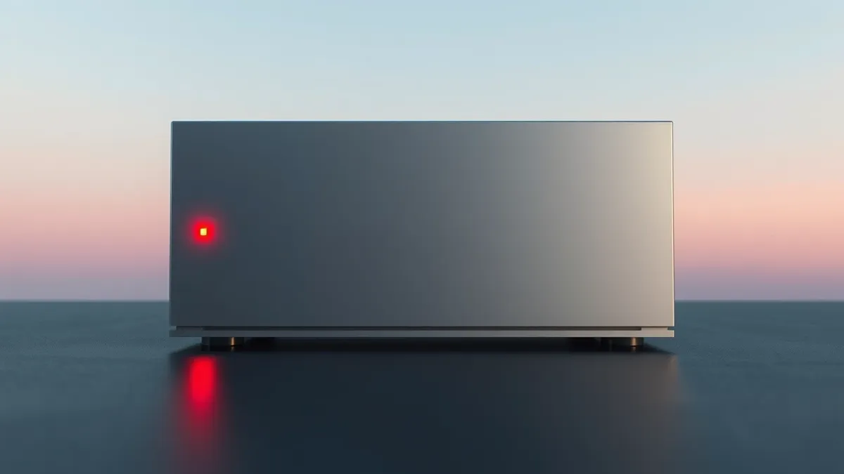 Illustration: A sleek, silver network security appliance sits isolated on a dark surface.