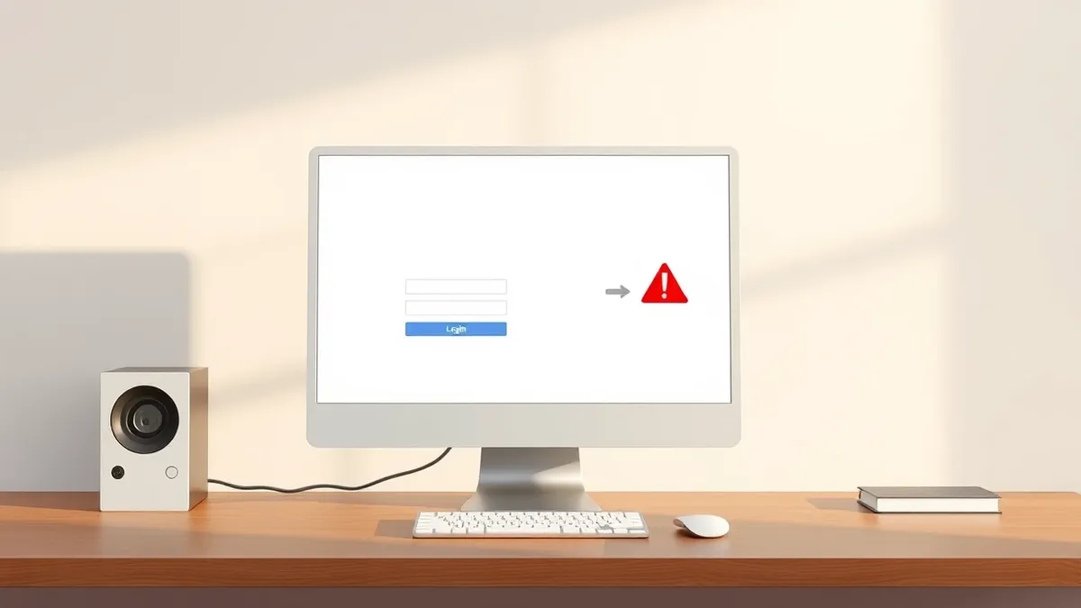 Illustration: A generic white computer monitor sits on a wooden desk, displaying a blank login screen with two empty input fields.