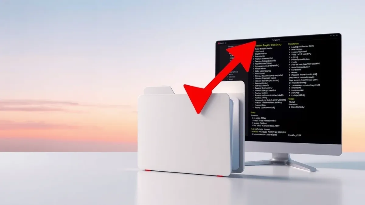 Illustration: A generic open folder icon sits on a clean digital desktop, with a jagged red arrow pointing out of the folder and into the file system background, illustrating an un