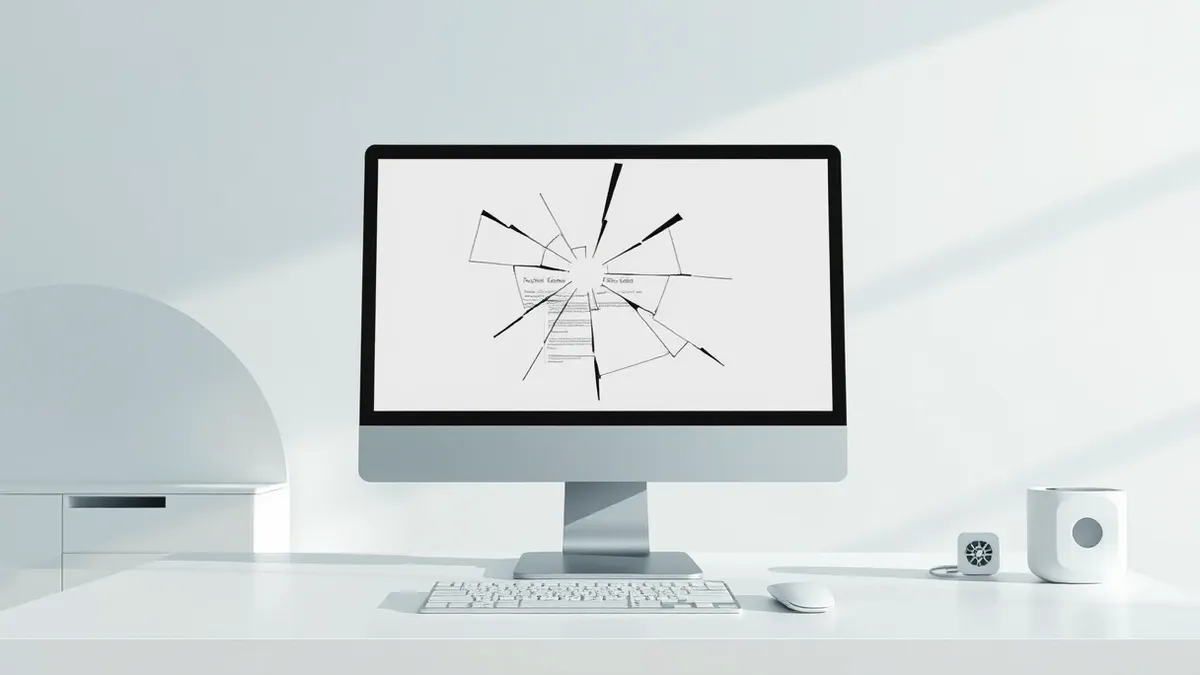 Illustration: A sleek desktop computer sits on a clean white office desk, its monitor displaying a fractured, jagged glass texture over a blank document interface, symbolizing a me