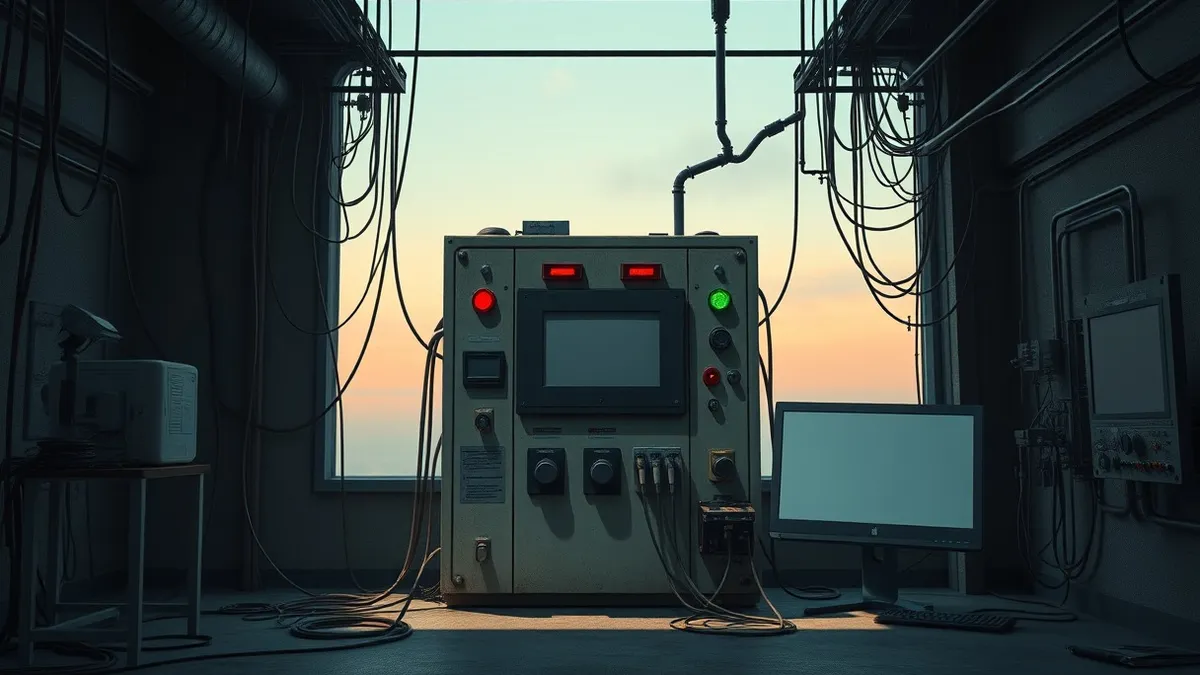 Illustration: A dusty industrial control panel with blank red and green indicator lights sits in a dim room, surrounded by tangled cables and exposed wiring, emphasizing the hidden
