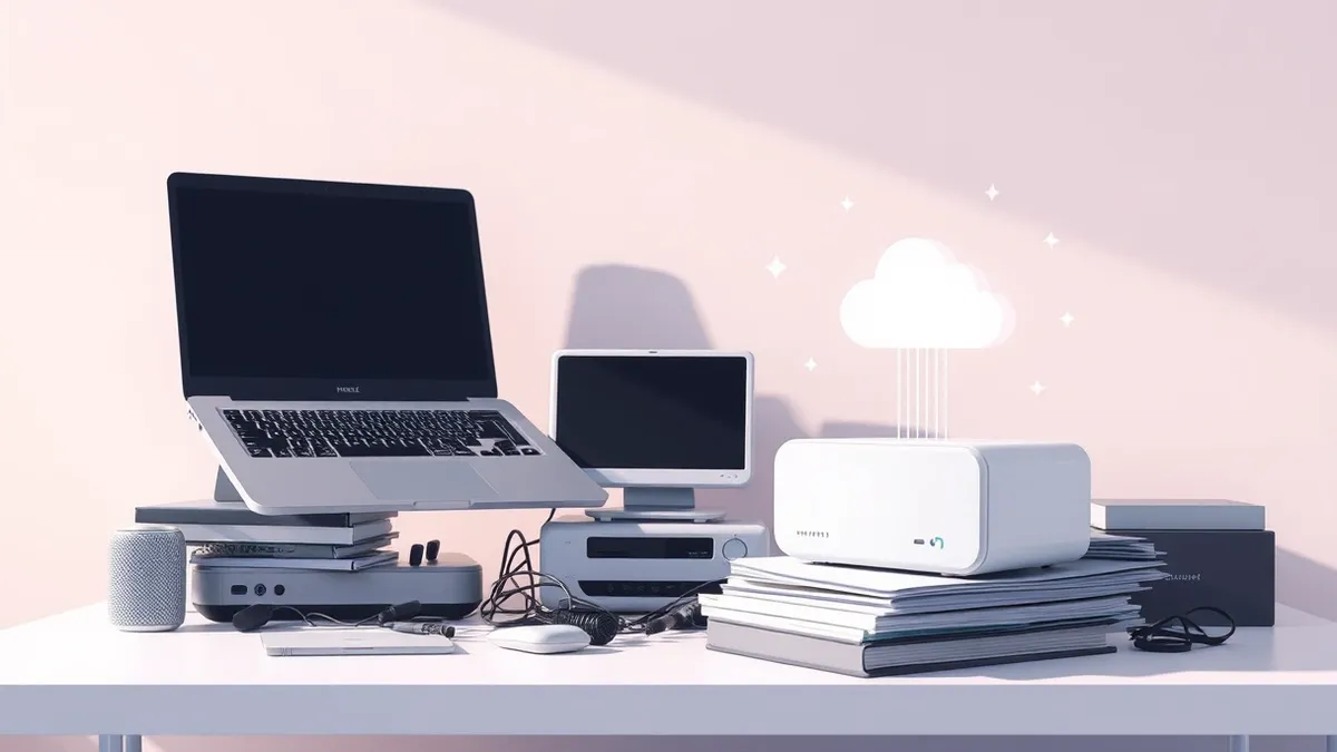 Illustration: A white consumer electronics device sits on a cluttered desk next to a laptop.