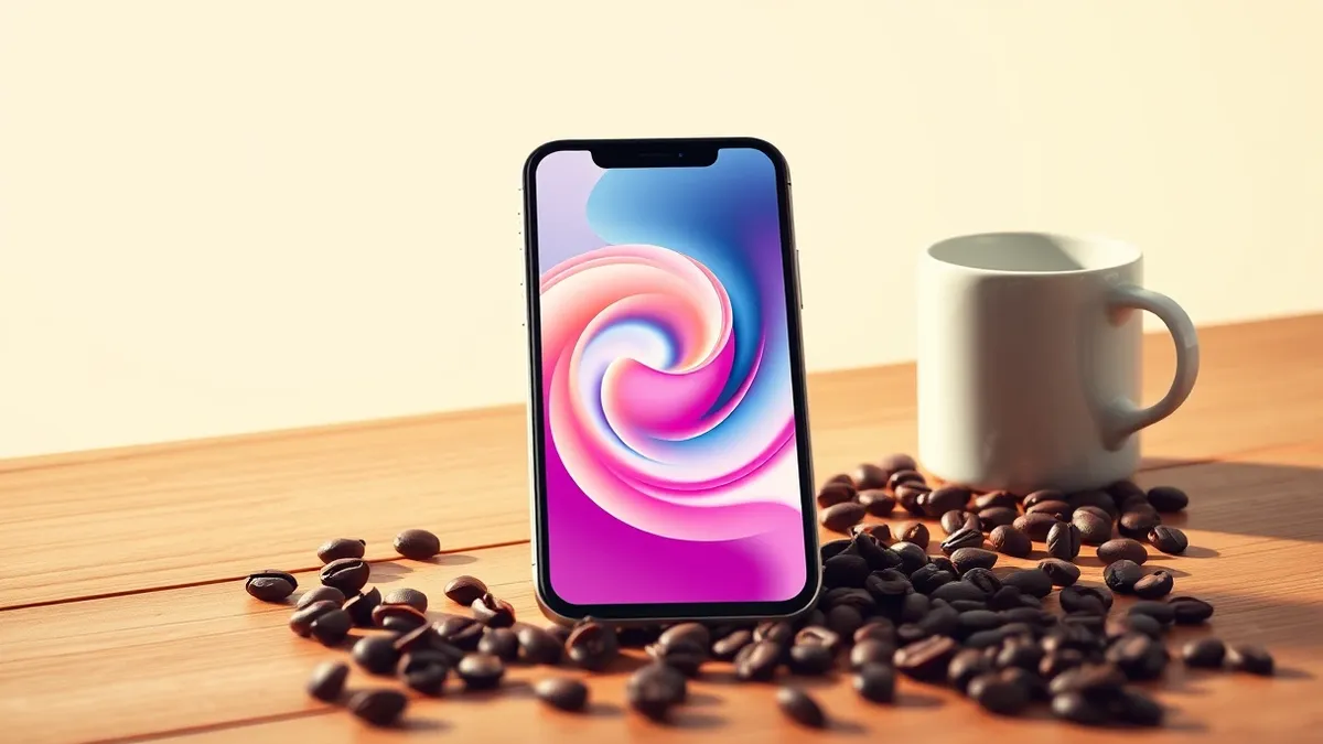 Illustration: A smartphone rests on a wooden table, its screen displaying a vibrant abstract swirl of soft pastel colors that suggest a dynamic digital interface.