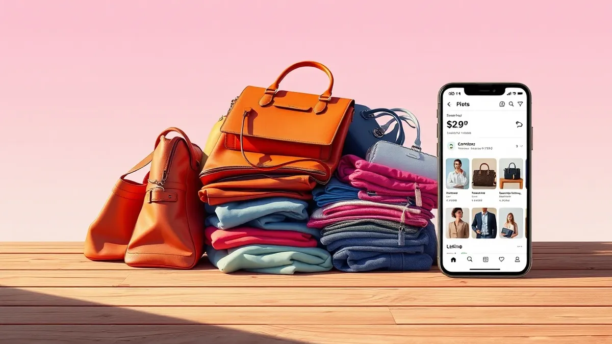 Illustration: A pile of colorful luxury handbags and folded designer clothing sits on a wooden table next to a smartphone displaying a blank secondhand marketplace listing interfac