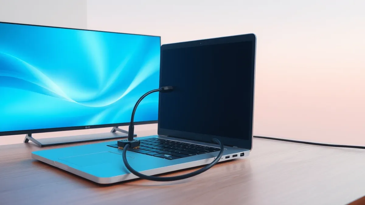 Illustration: A silver laptop sits open on a wooden desk, its side panel open to reveal a small circuit board with a black HDMI port.