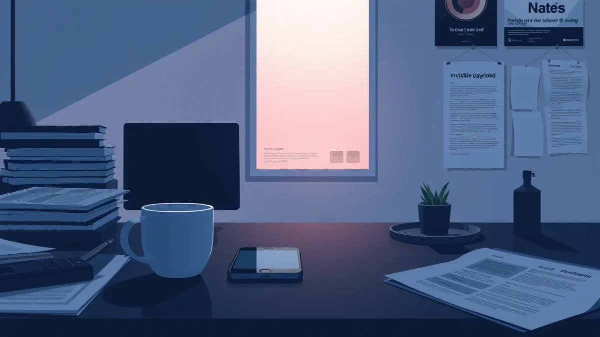 Illustration: A dark newsroom desk holds a silent smartphone resting beside a cold coffee mug.