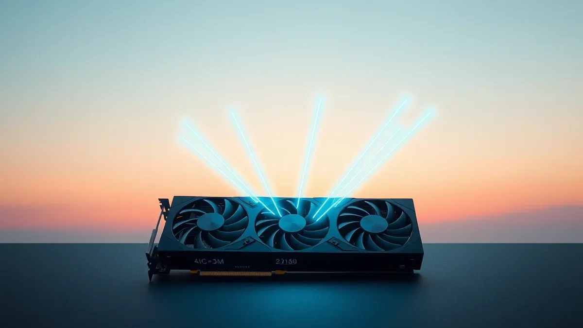 Illustration: A sleek black graphics card with multiple cooling fans rests on a dark surface.