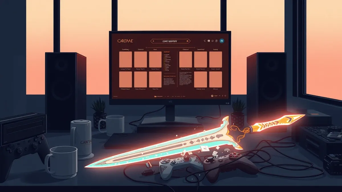 Illustration: A dark gaming room features a monitor displaying a complex fantasy game interface with blank inventory slots.