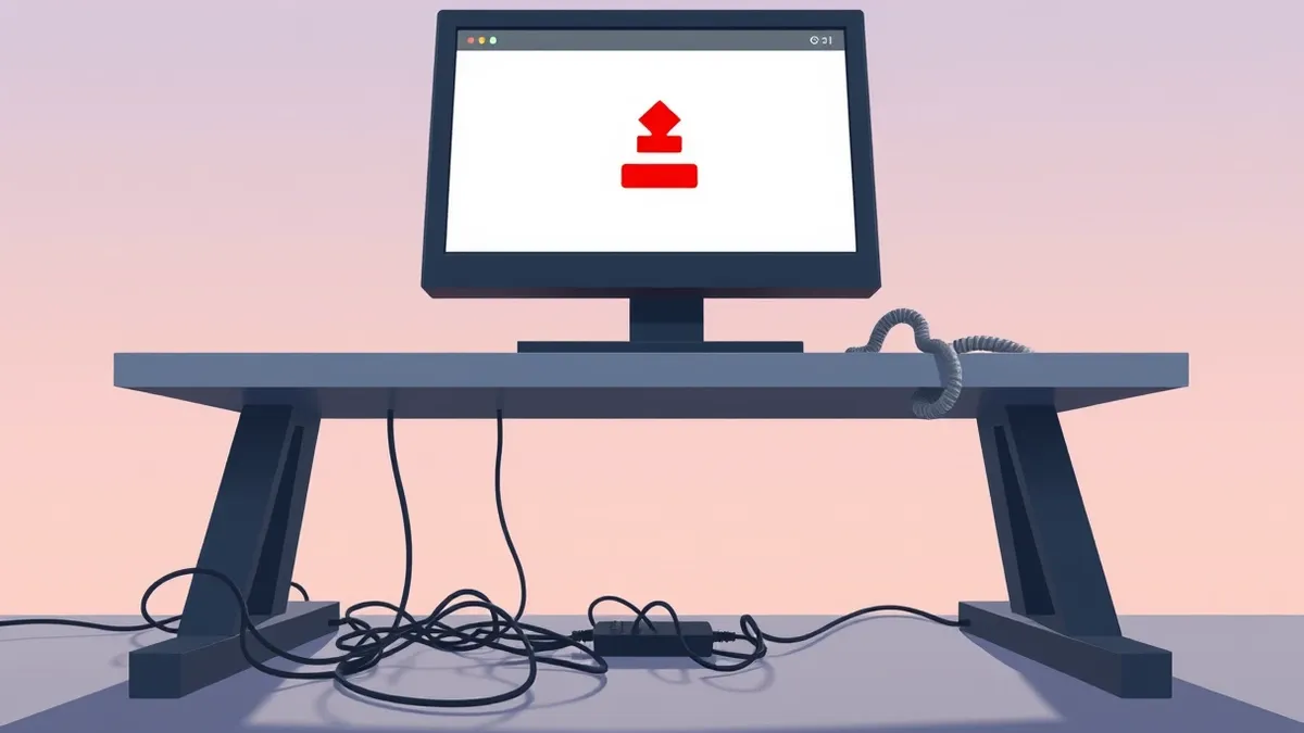 Illustration: A generic computer monitor displays a blank white webpage with a single red download button in the center.