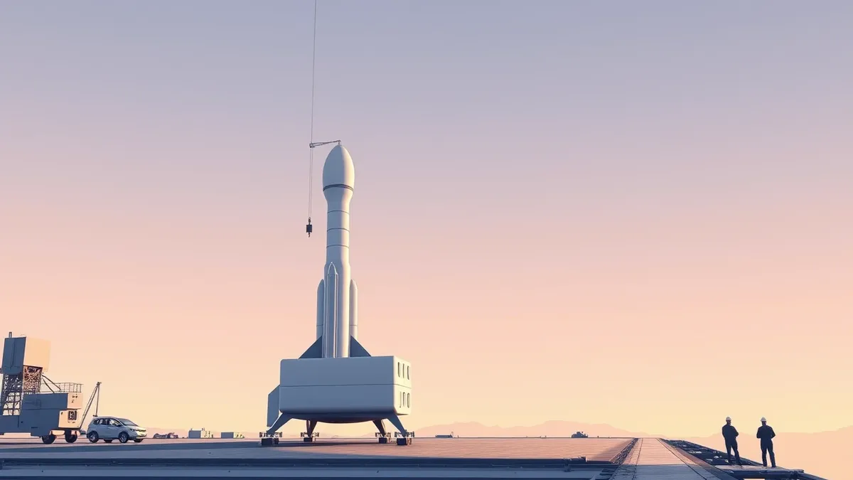 Illustration: A small white satellite rests on a launchpad under a clear sky, positioned beside a slender rocket with visible fuel tanks.