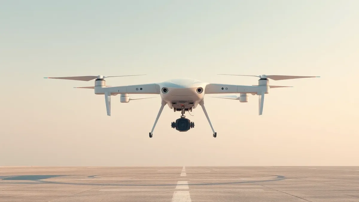 Illustration: A sleek white autonomous cargo drone hovers steadily above a concrete landing pad in bright daylight.